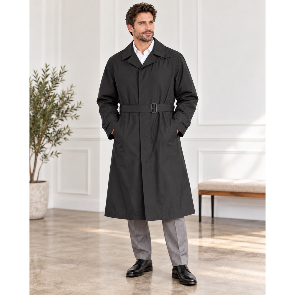 London Fog Mens Trench Coat Charcoal Belt Overcoat 46 Preppy Quiet Luxury VTG